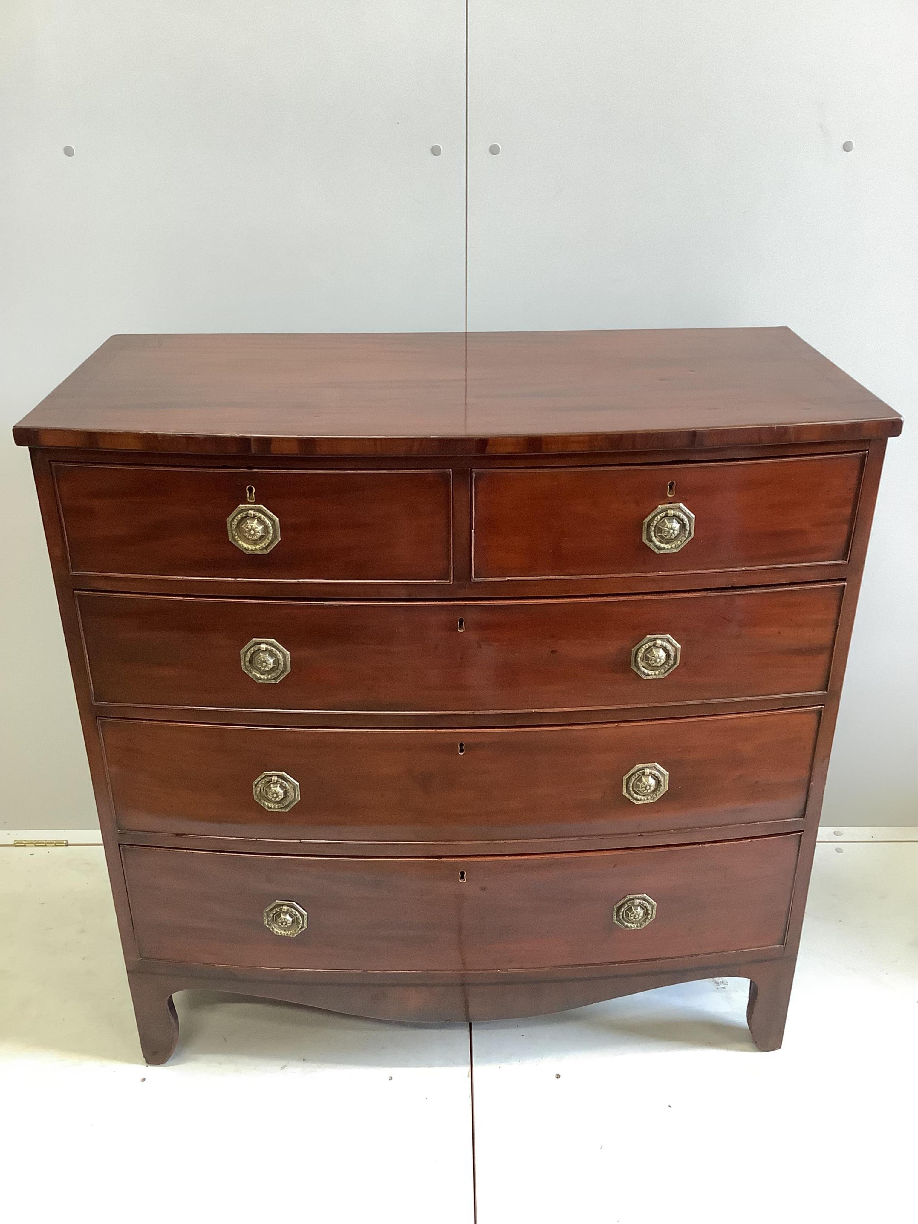 A Regency inlaid mahogany bowfront chest, width 106cm, depth 53cm, height 107cm. Condition - good